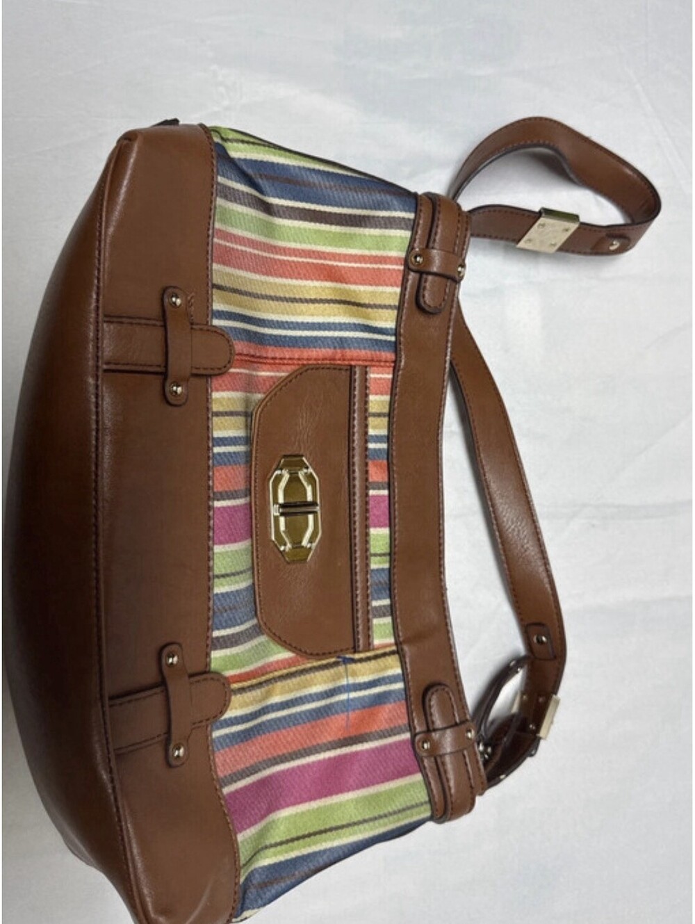 VTG Etienne Aigner Striped Multicolor Woven Handbag With Brown Leather Trim